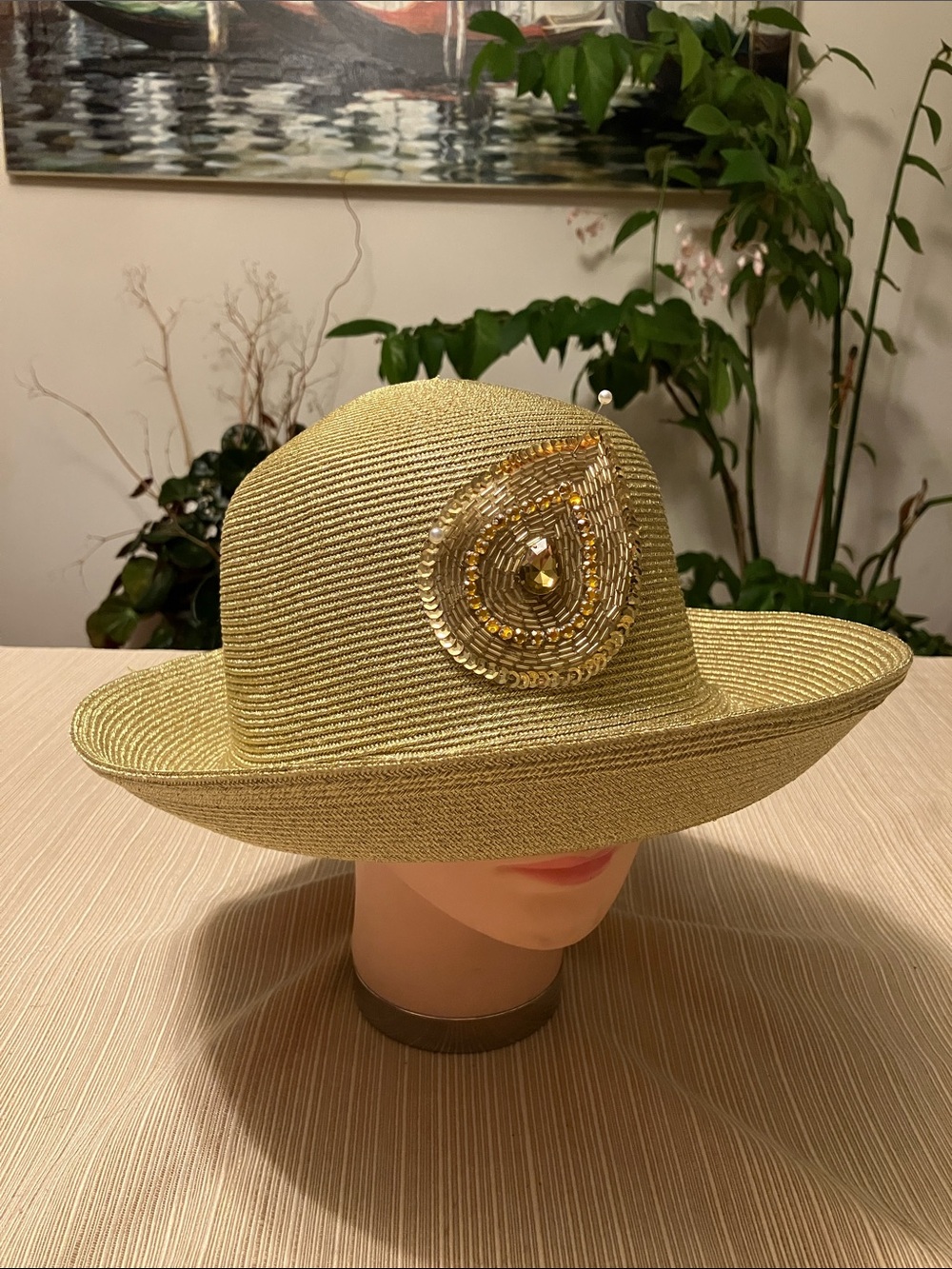 Chic Metallic Gold Hat with Gold Sequin Beaded Leaf Accent